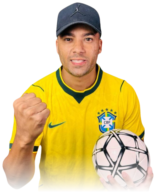 Especialista em apostas esportivas com camisa da seleção brasileira segurando uma bola